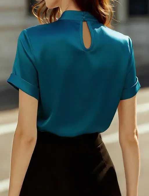 

Top Women 2026 New Spring Summer Solid Color Satin Round Neck Short Sleeved Casual Versatile Basic Daily Shirt Top