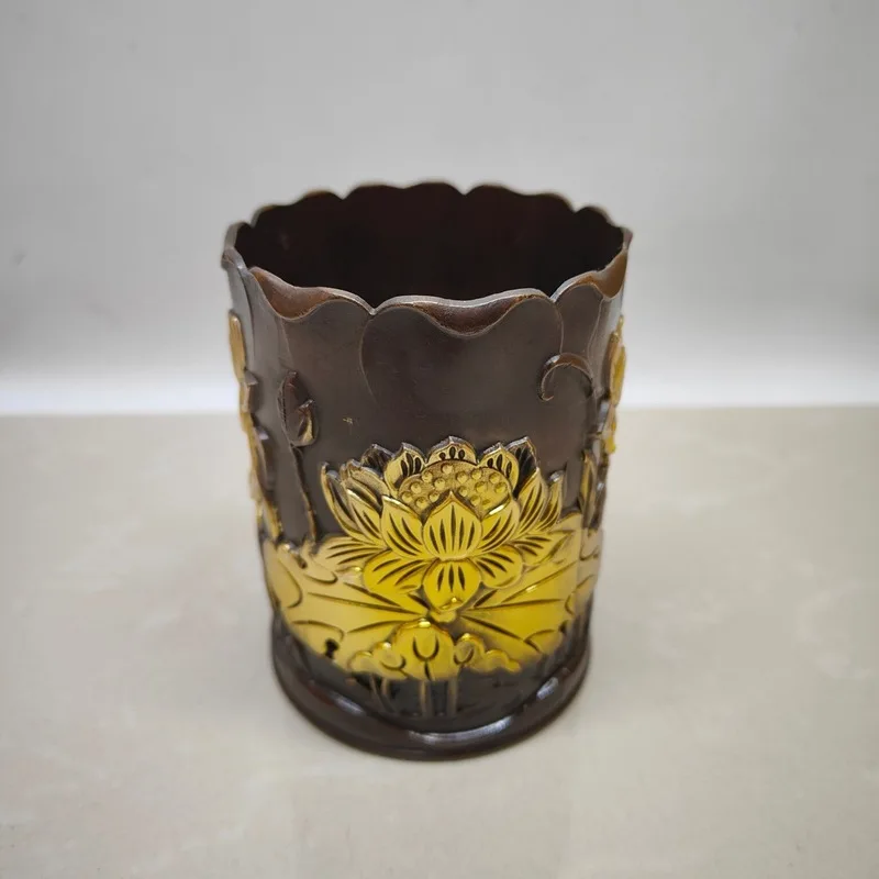 Antique Collectibles: Red Bronze Gilt Lotus and Carp Copper Pen Holder, Home Decor Gift Craft