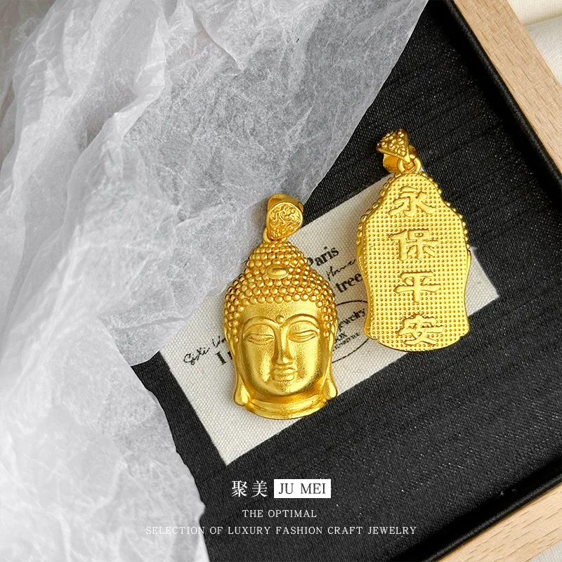 

New Chinese style 24K ancient gold male and female 9999 solid peace Buddha head real gold pendant DIY rope braided necklace