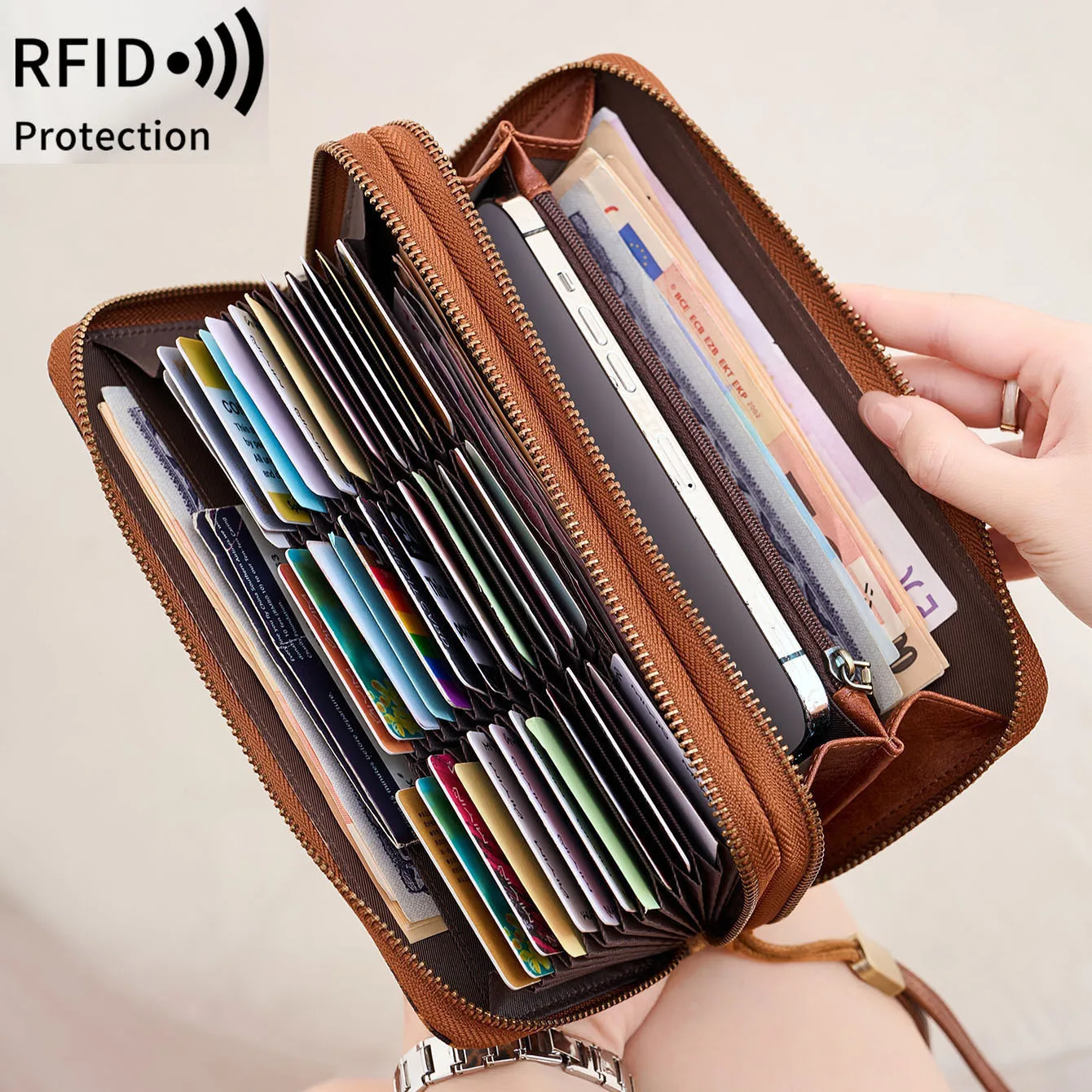 Western RFID Blocking Leopard Print PU Leather Long Women Wallet Large Capacity Double Zipper Coin Purse for Ladies