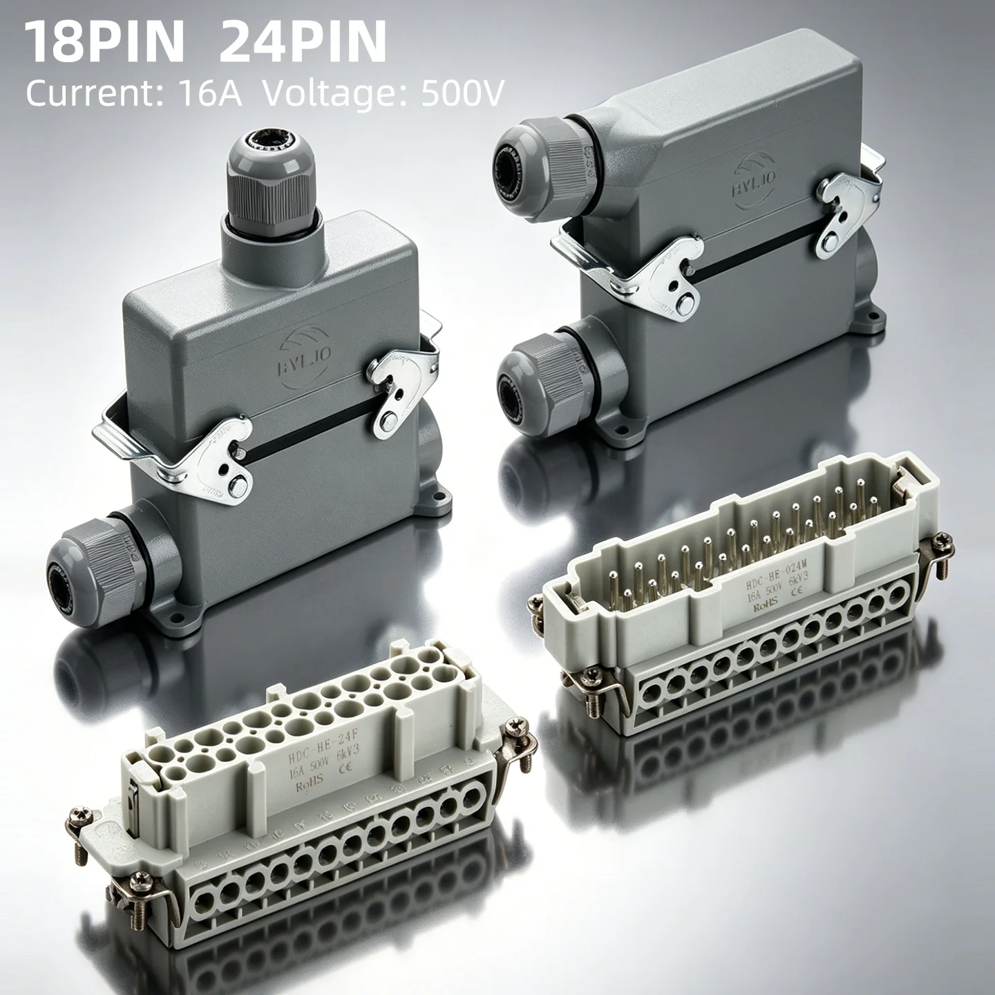 Aerospace Heavy  Male/Female Aluminum Brass Electrical Connectors 18/24 Pins Industrial Power PCB IP65 16A 500V