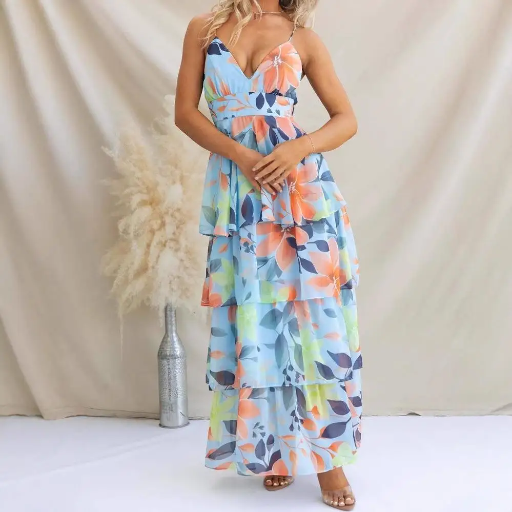 カジュアルな花柄プリント レディース サマー スプリング オフショルダー ストラップ ハイウエスト Aラインスカート クロスボーダーブランド