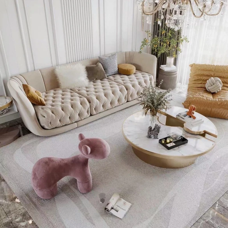 

Italian light luxury post-modern simple cream sofa American living room straight-breasted buckle combination velvet fabric sofa