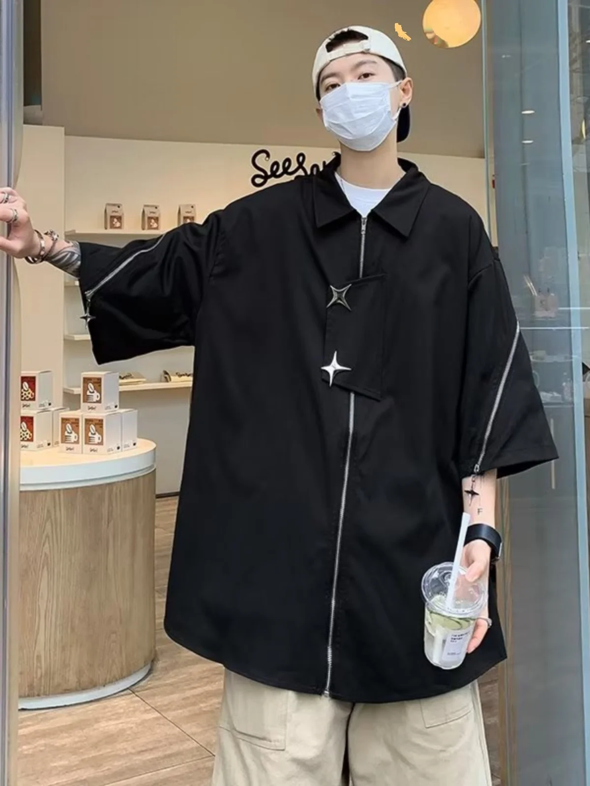 

Летний американский ретро-кардиган с металлической молнией, свободного кроя, с коротким рукавом, черный, молодежный, модный, однотонный