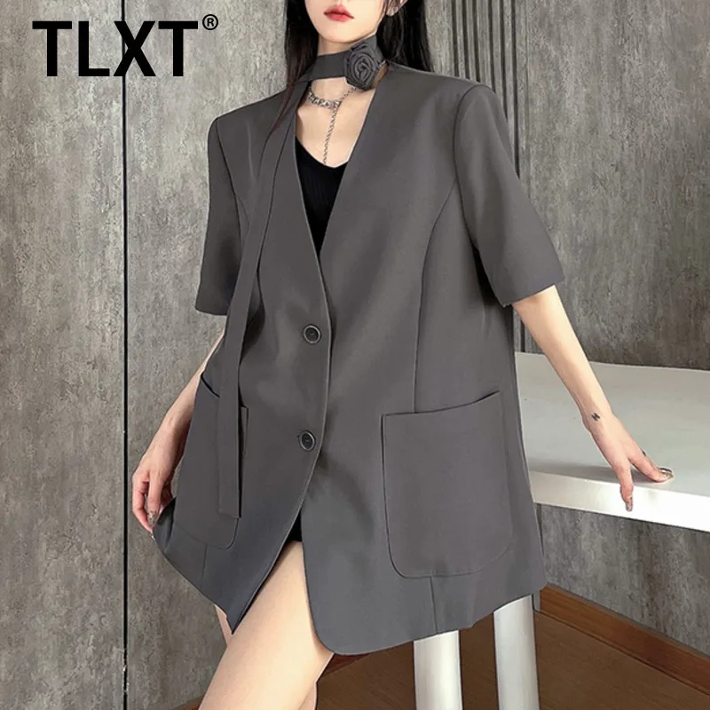 

TLXT костюм с розовой лентой, куртка с v-образным вырезом и короткими рукавами, однобортное дизайнерское пальто с большими карманами, новинка весны и лета 2021, XK1284