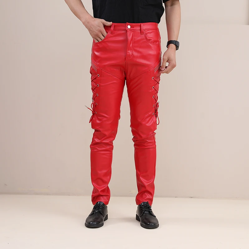 Fashion Skinny Leather Pants Faux Red Joggers Motorcycle Party NightClub Trousers For Men With Strings