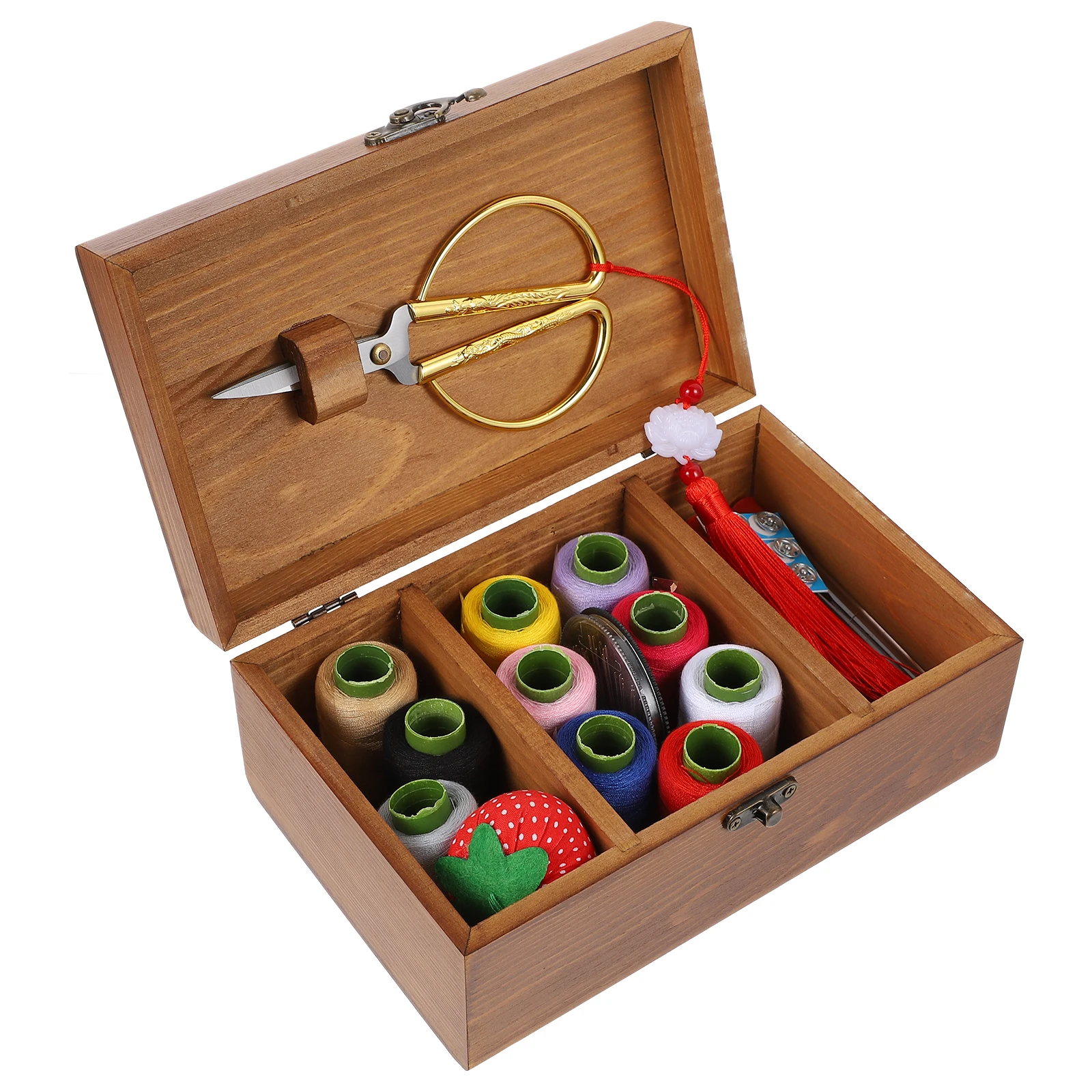 

Wooden Sewing Kit Box Set Large Capacity DIY Needles Threads Scissors Storage Brown Travel Accessories Retro Horn Lock Durable