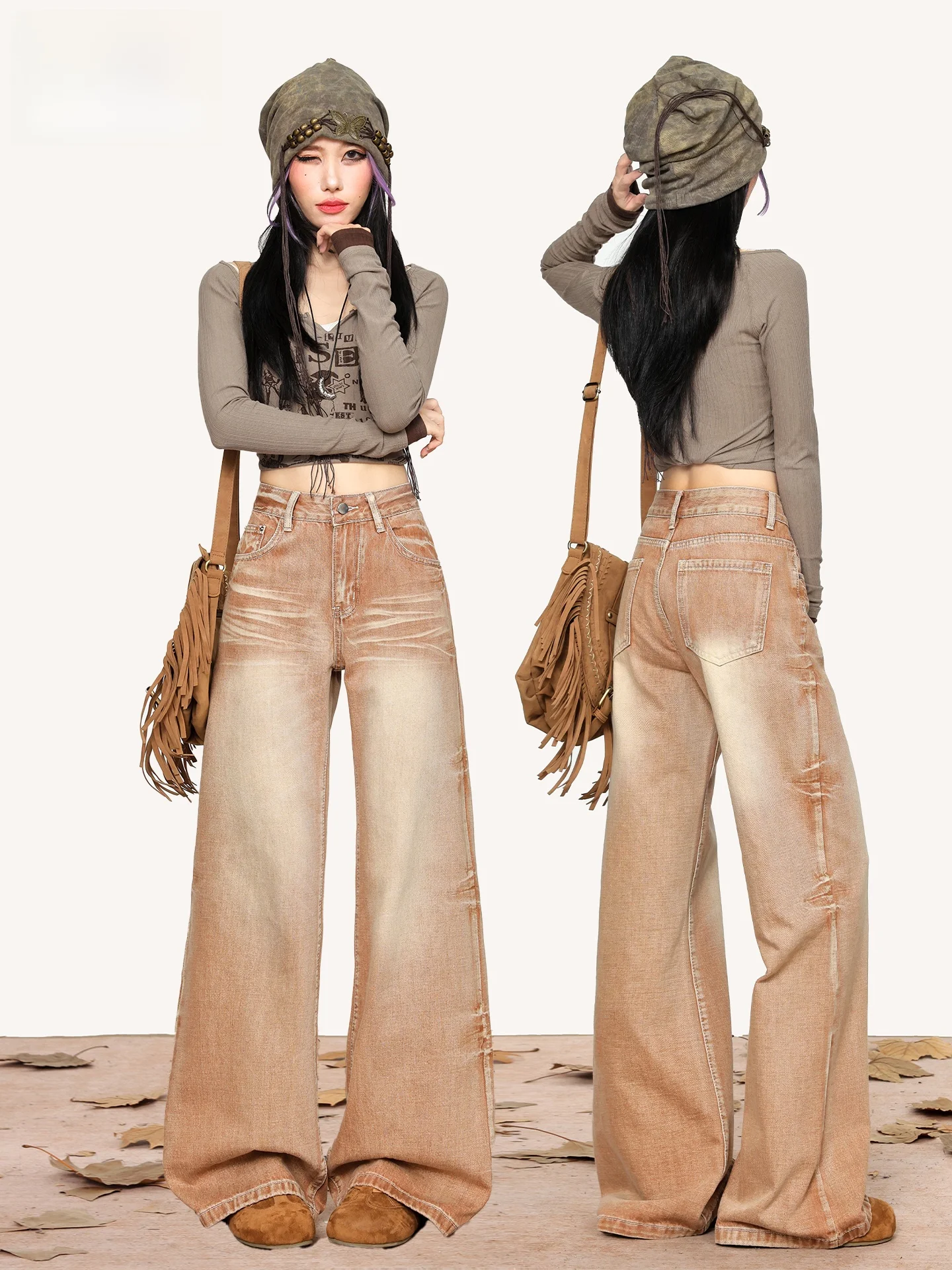 

Brown American Retro Flared Jeans Women's Loose Slimming Low Waist Wide Leg Pants Casual Style Button Pocket Denim Fabric