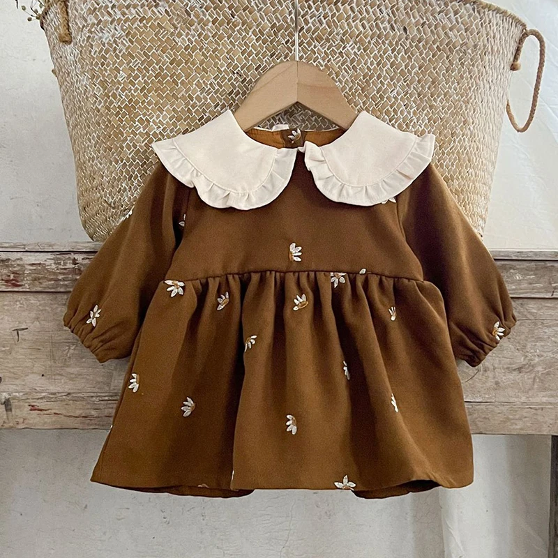 2024 New Autumn 0-4Yrs Baby Girl Party Dress Kids Princess Dresses Long Sleeved Corduroy Embroidery Dress Children Clothes