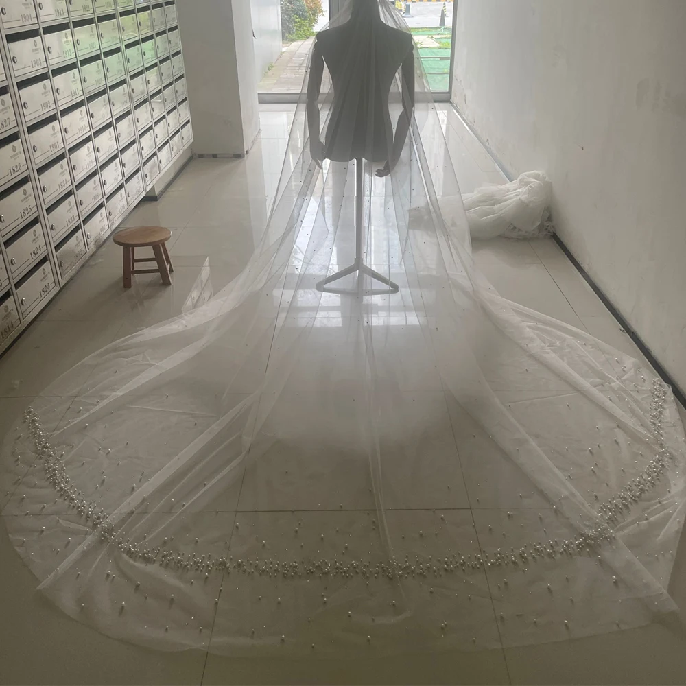 Wedding Veil Cathedral Length Pearls Beaded 2T Bridal Veils With Comb Long Cover Face Wedding Veil 3M Width Customized