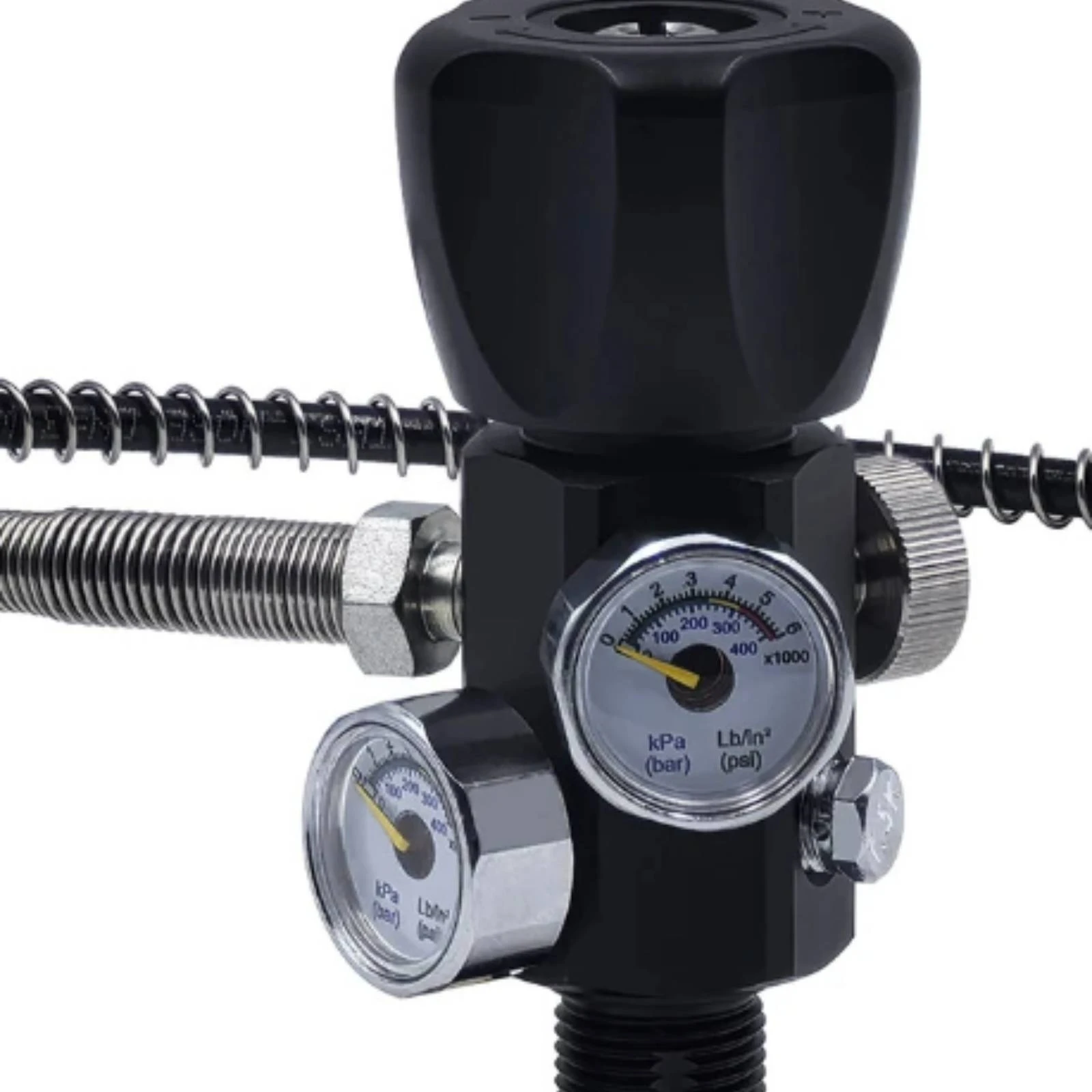 High Pressure Cylinder Filling Valve with Dual Gauge and Coiled Hose for Workshop Air Line Use