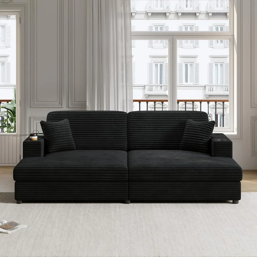 Loveseat chaise longue, corduroy slaapbank met twee USB-poorten, twee bekerhouders en twee kussens, geschikt voor woonkamer