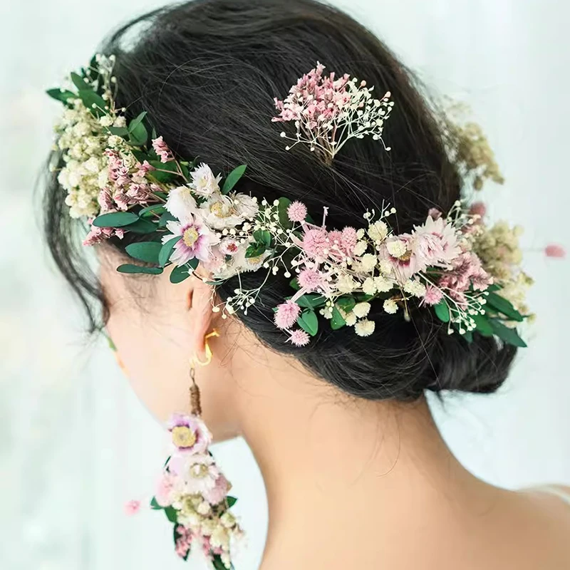 Woodland Pink Dried flower Bridal Headband Girls Hair Wreath with Earrings Handmade Wedding Prom Women Headpiece