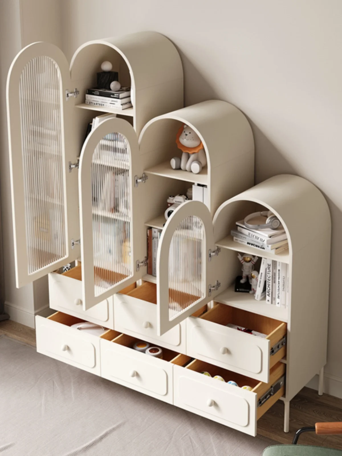 Living Room Bookcase with Glass Door Assembled Cabinet Arch Storage Cabinet Household Cream Style Display Cabinet