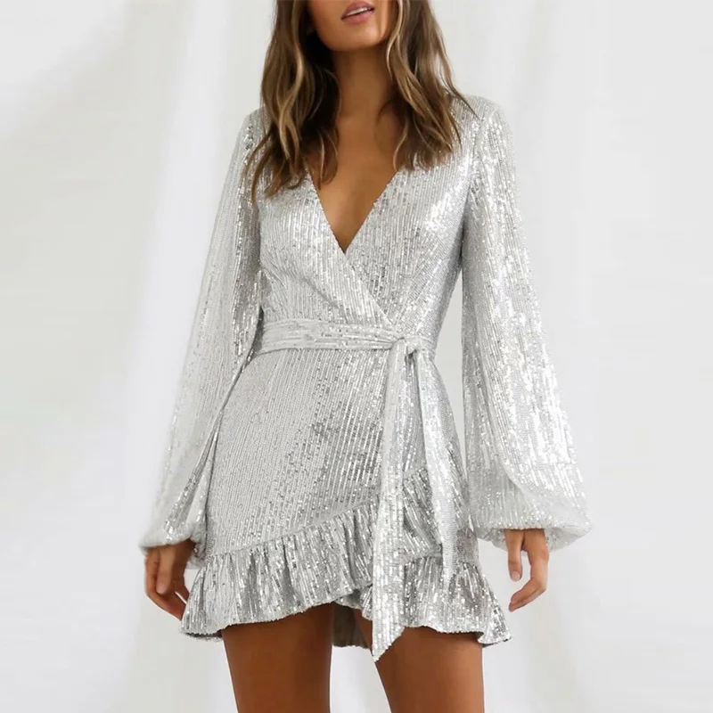 

Ruffles Long Sleeve Sexy Sequin Wrap Dress Bling Shiny Mini Party Dress Autumn Winter Elegant Night Club Ladies Clothes 2022 New