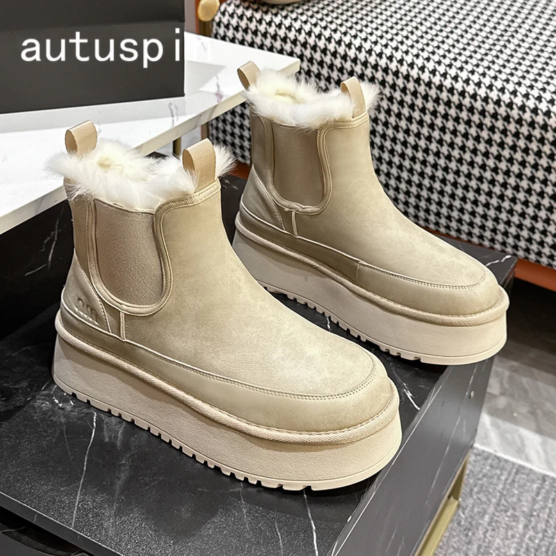 

AUTUSPIN Winter Add Warm Plush Snow Boots for Women Fashion High Flat Platform Ladies Office Chelsea Booties Split Leather Shoes