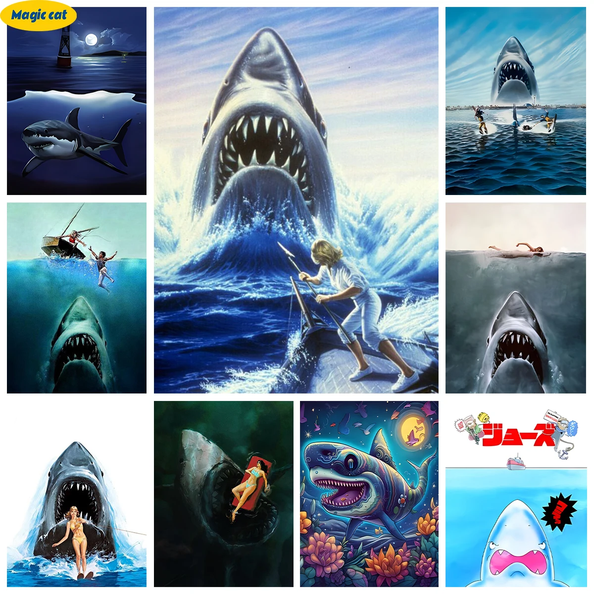 J-Jaws 5D Diamond Painting Kit Ocean Shark Picture AB Diamond Embroidery Cross Stitch Art Movie Poster DIY Home Wall Decor Gift