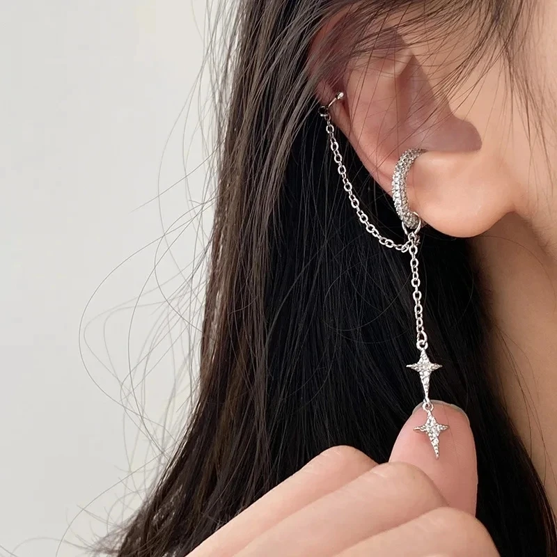 Korean Fashion Silver Color Double Tassel Design Layer Ear Clip Non-hole Earrings for Women Girl Cool Jewelry Gift