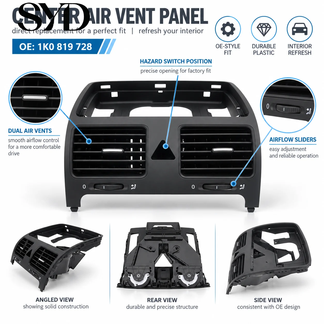 Center Dashboard AC Air Conditioning Vent Outlet Grille Louver OE 1K0819728 For VW Sagitar Golf MK5