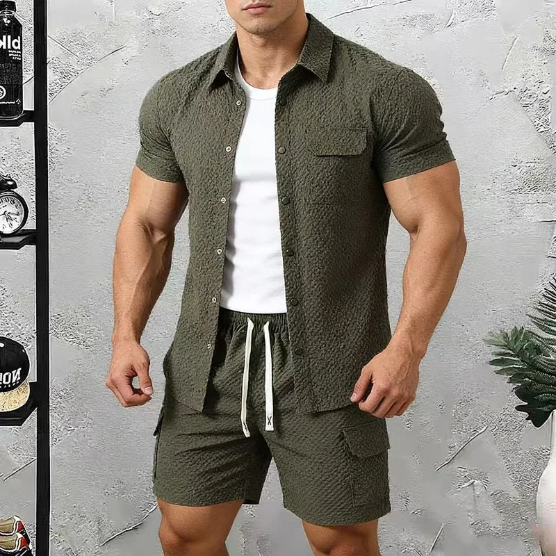 

Men's Textured Short Sleeve Button Shirt Cargo Shorts Set Casual Summer Two Piece Outfit