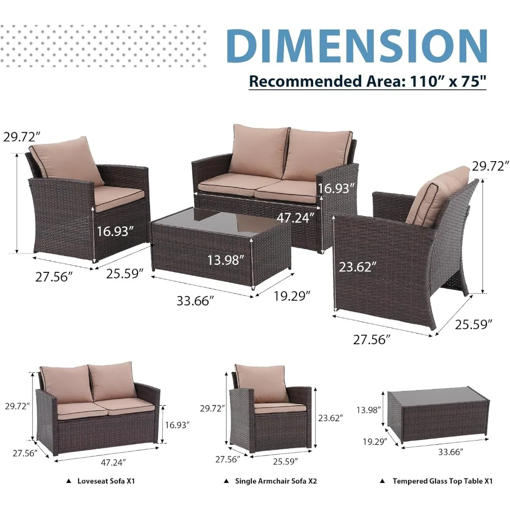 Patio Furniture Set, 4 Piece Outdoor Patio Conversation Set, All-Weather PE Rattan Wicker Sectional Patio Sofa Set