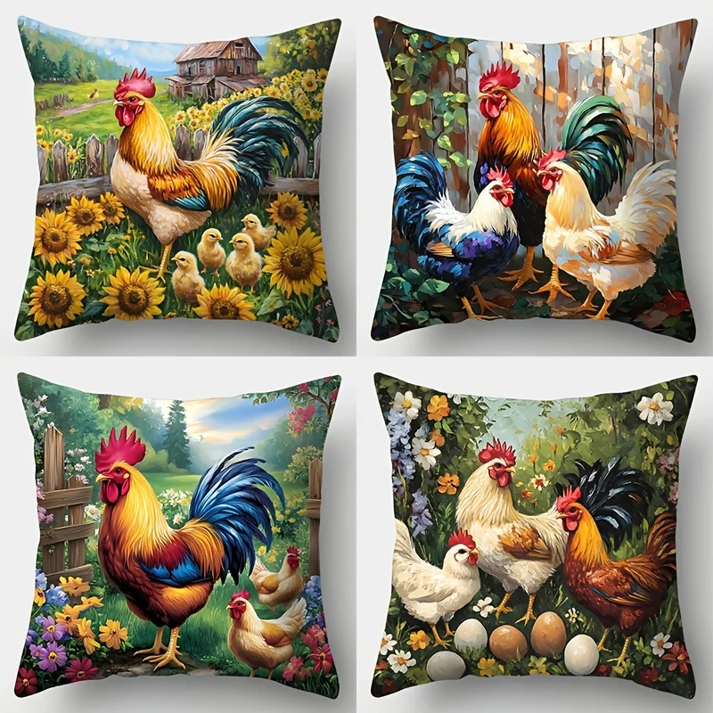 4pcs Farm Rooster Sunflower Pillowcase Set Rustic Cottage Decor Throw Pillow Covers 40x40cm Home Gift