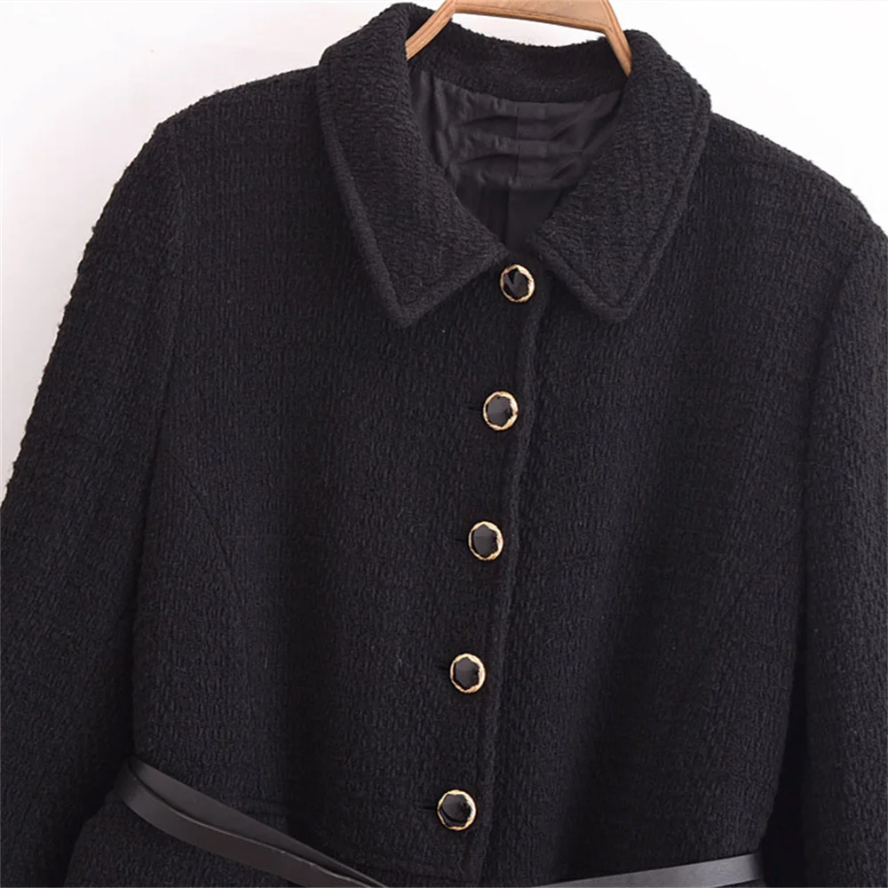 Xiaoxiangfeng مع حزام، سترة ذات نسيج بلون موحد، منتج جديد للخريف والشتاء، سترة طية صدر السترة بأكمام طويلة للنساء