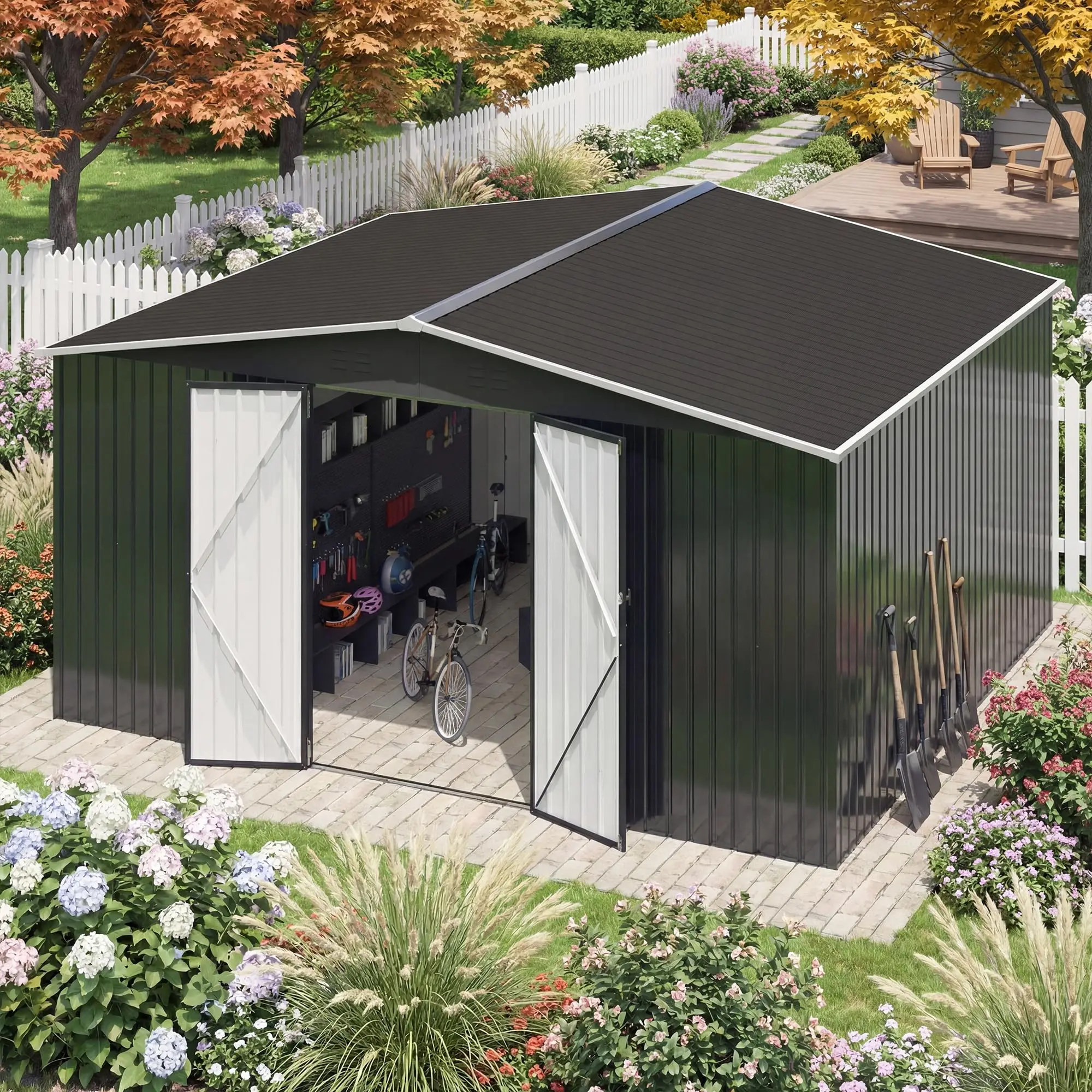 

11.5x13.5FT Galvanized Steel Storage Shed Heavy Duty Lockable Hasp Door Black/White Roof Garden Tool Shed for Backyard Patio