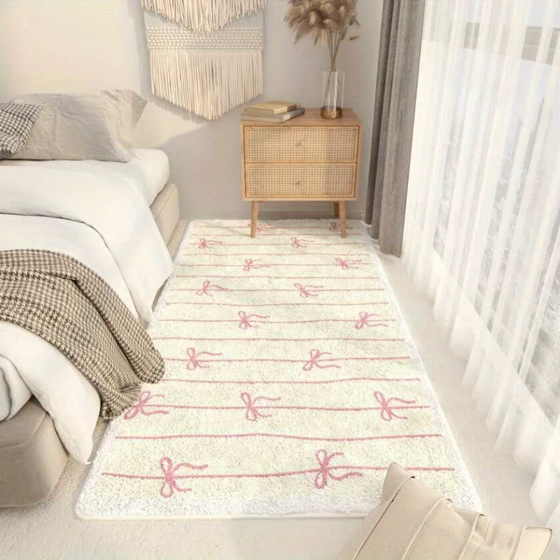 VIKAMA Ins Wind Cream Pink Bow Long Runner Rug Soft Skin Friendly Non Slip Floor Mat Home Bedroom Bedside Rug Home Decor