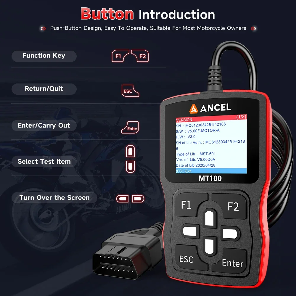 ANCEL MT100 Motorcycle Scanner Engine System Diagnostic Tool OBDII Motorcycle For Honda/Suzuki/Yamaha/