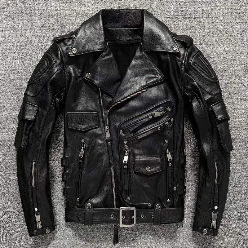 Men's Natural Leather Motorcycle Jacket Top Layer Causal Vintage Retro Moto Suit Leather Coat  Dropshipping