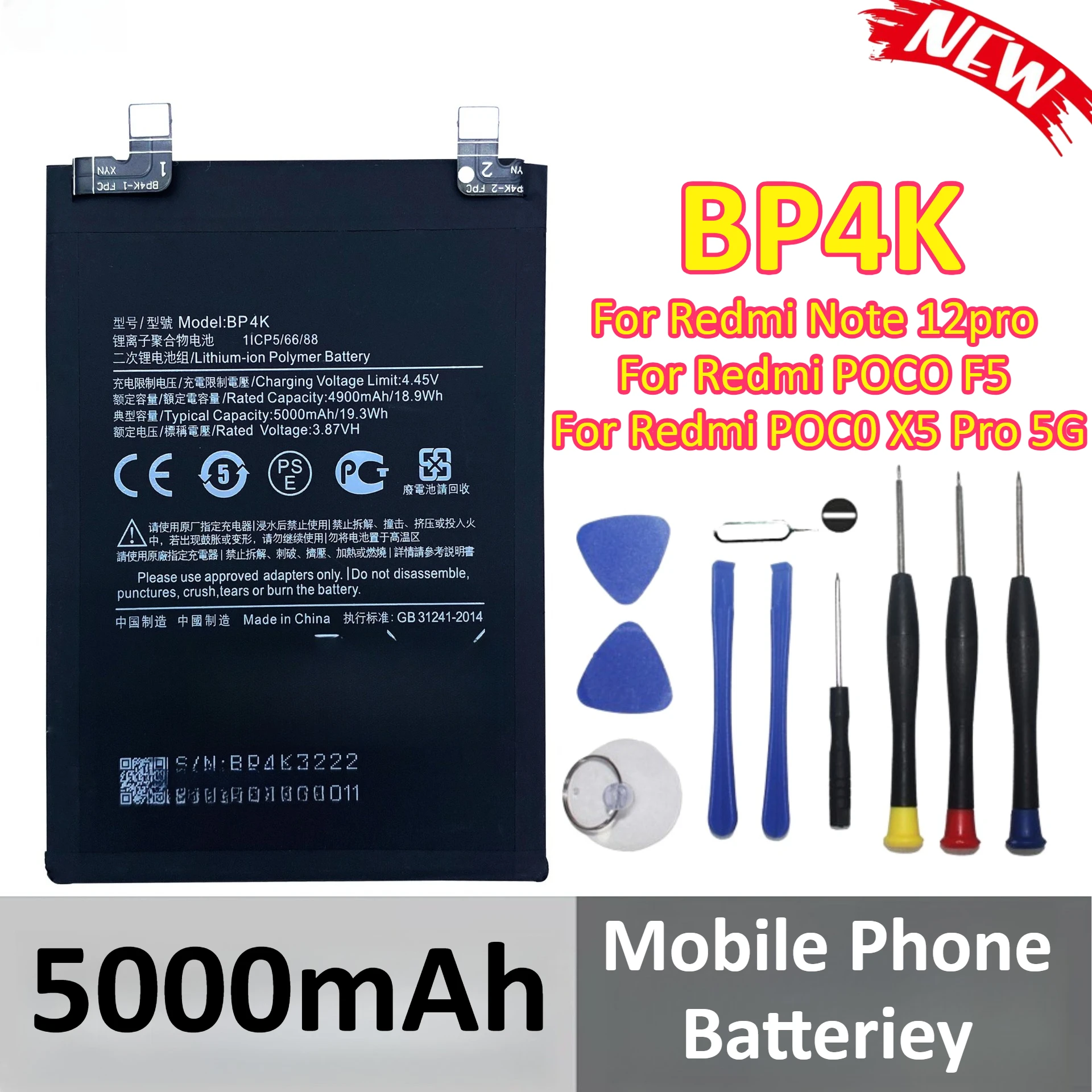 

5000mAh BP4K For Redmi Note 12pro For Redmi POCO F5 For Redmi POC0 X5 Pro 5G Mobile Phone Batteriey +Tools