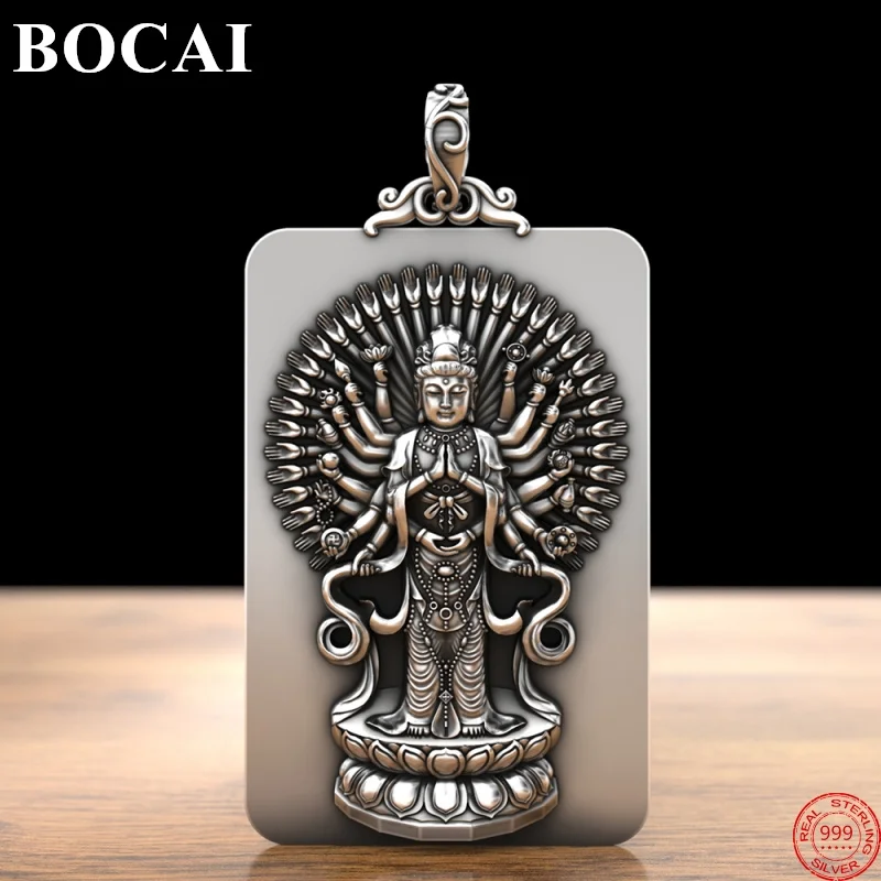 BOCAI S999 Sterling Silver Pendants for Women Men Zodiac Rat Man's Primordial Buddha Standing Thousand Handed Avalokitesvara