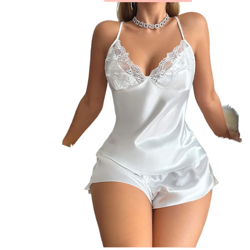 

Solid Ice Silk Sleepwear for Women Sexy Lace Suspender Shorts Set Home Wear Summer Silk Nightgown Pijama Sexy Mujer