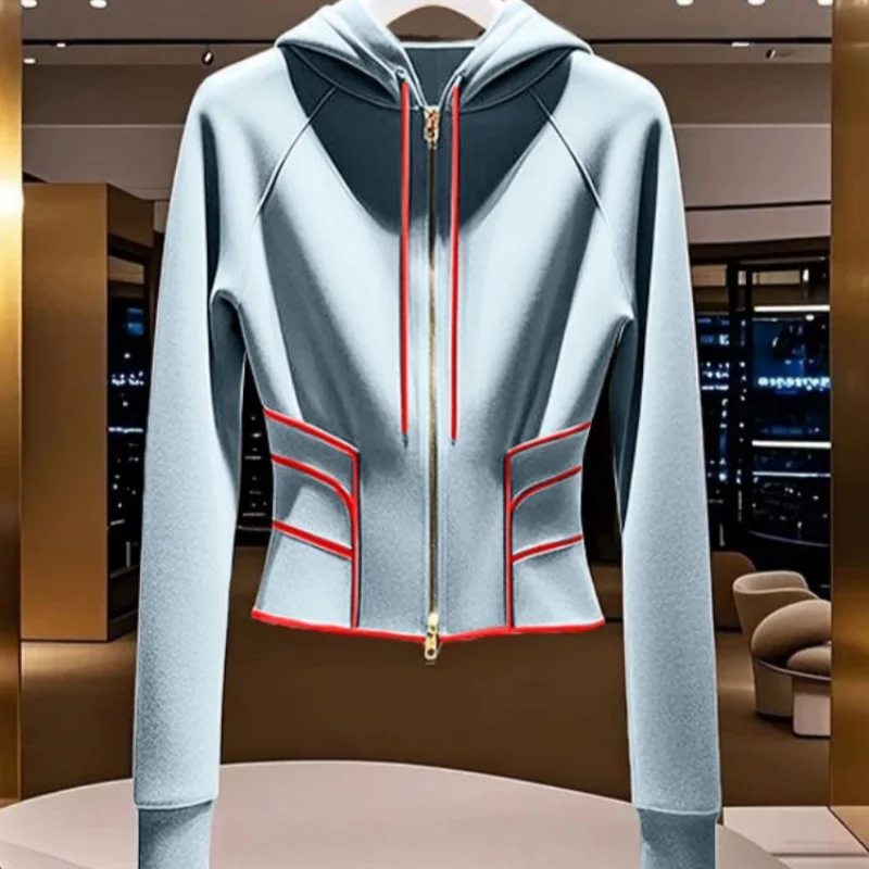 Chaquetas con capucha de color azul Retro para mujer, abrigos cortos ajustados de cintura pequeña, cárdigan de manga larga con cremallera, informal elegante para oficina