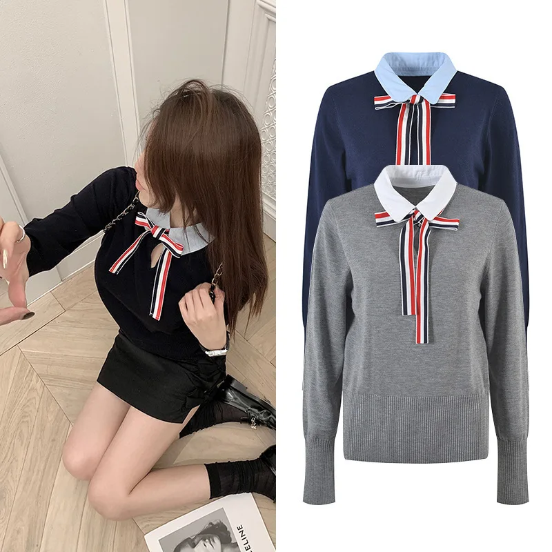 Autumn Women Korean Fashion Preppy Style Fake Two Pieces Jerseys Pullovers Lace Up Tops Long Sleeve Sweaters Kawaii Knitwear New