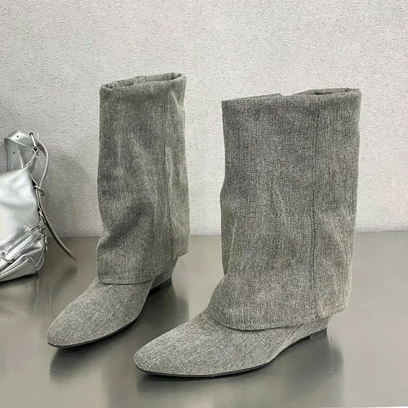 Eilyken Designer Wedges Heels Ankle Boots Women Pointed Toe Shoes Fashion Pleated Modern Short Booties Zapatos De Mujer