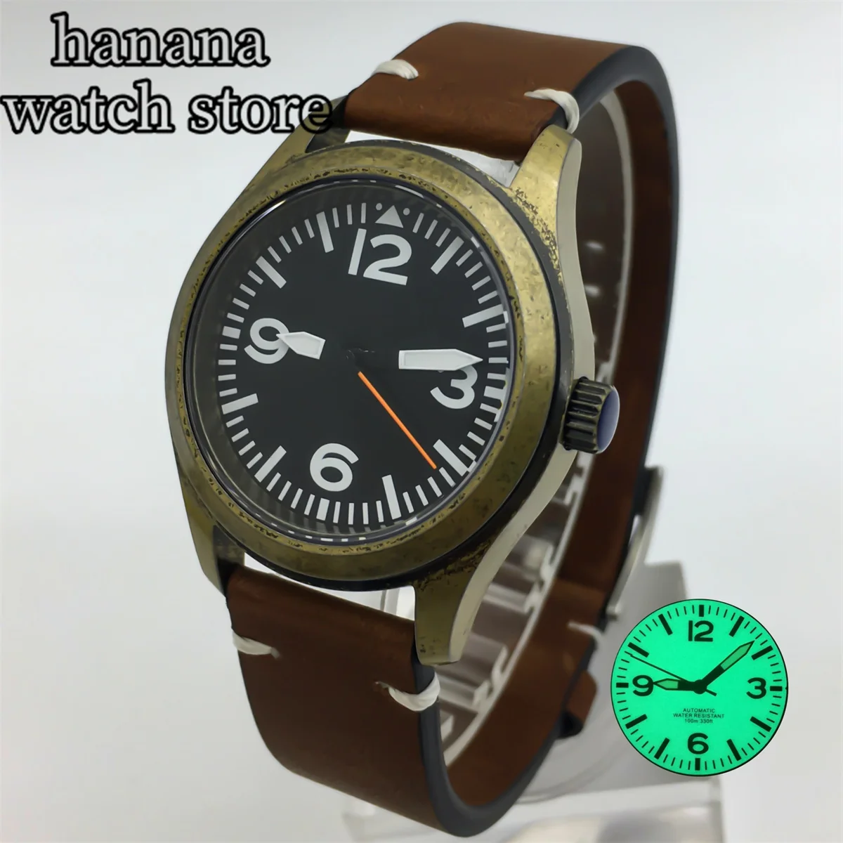 36mm 39mm Men\'s Bronze Watch Sapphire glass NH35 NH36 Automatic movement 100m waterproof green glow-in-the-dark leather strap