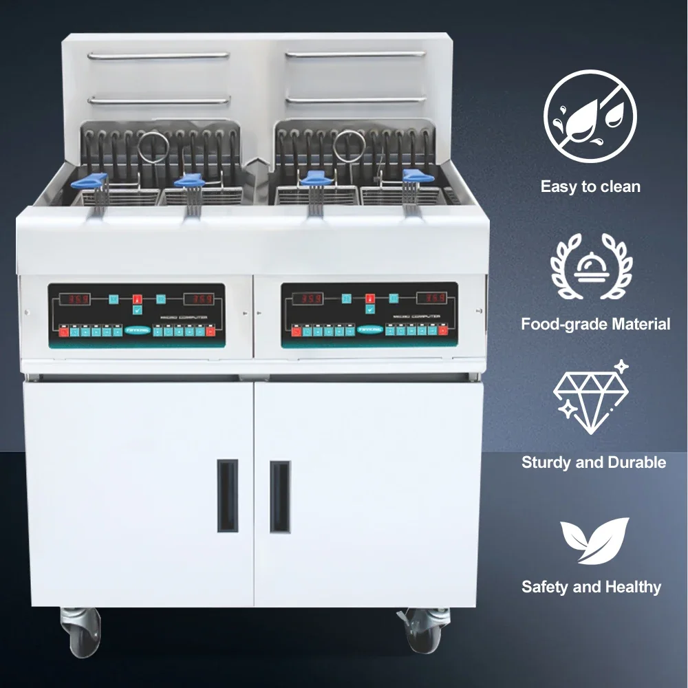 Commercial 36KW Vertical Double Tank Electric Deep Fryer Computer Control Auto Oil Filtration for Fried Chicken Burger Fries