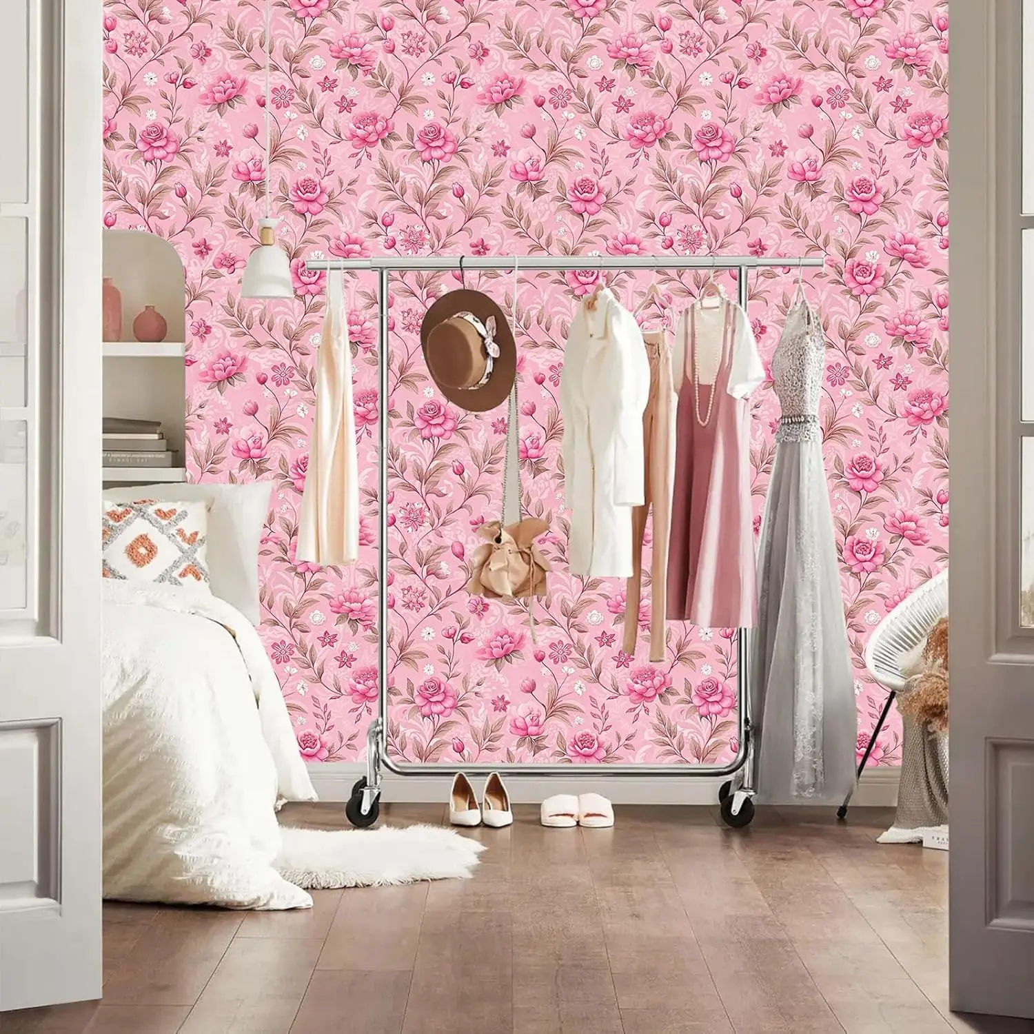 핑크 꽃 껍질과 스틱 벽지 꽃 접촉 종이 이동식 방수 벽 종이 비닐 자체 접착 벽지