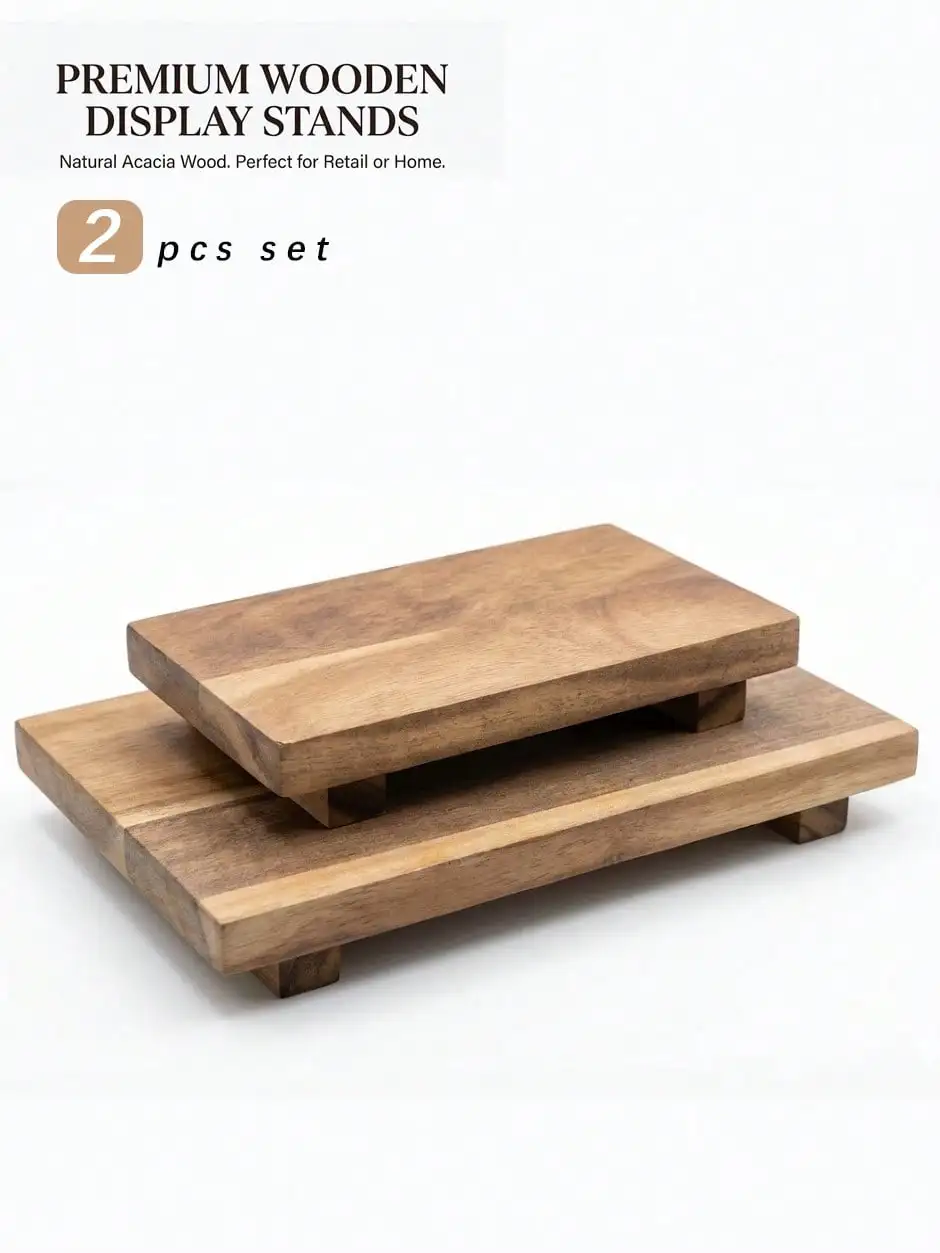 2 Pcs Set Twine Footed Wood Serving Board Decorative Tray Decor, Kitchen Table Decor Or Kitchen Counter Decor, Acacia Wood Riser