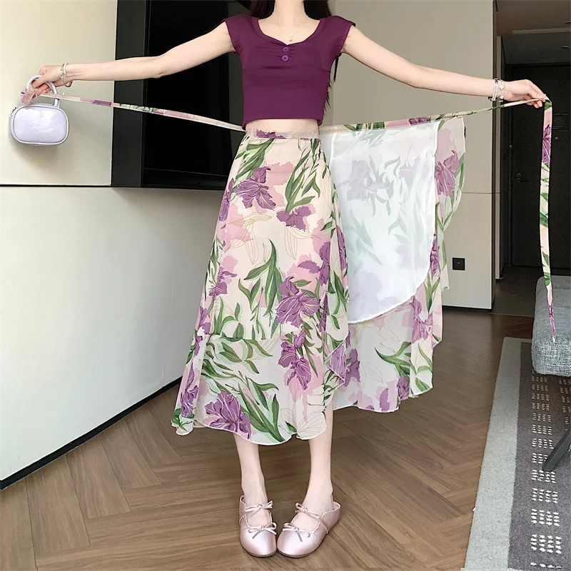 High Waist Floral Print Halter Neck  Dress Women's Summer Fashion Sleeveless Pleated Skirt Polyester Fabric Embroidery