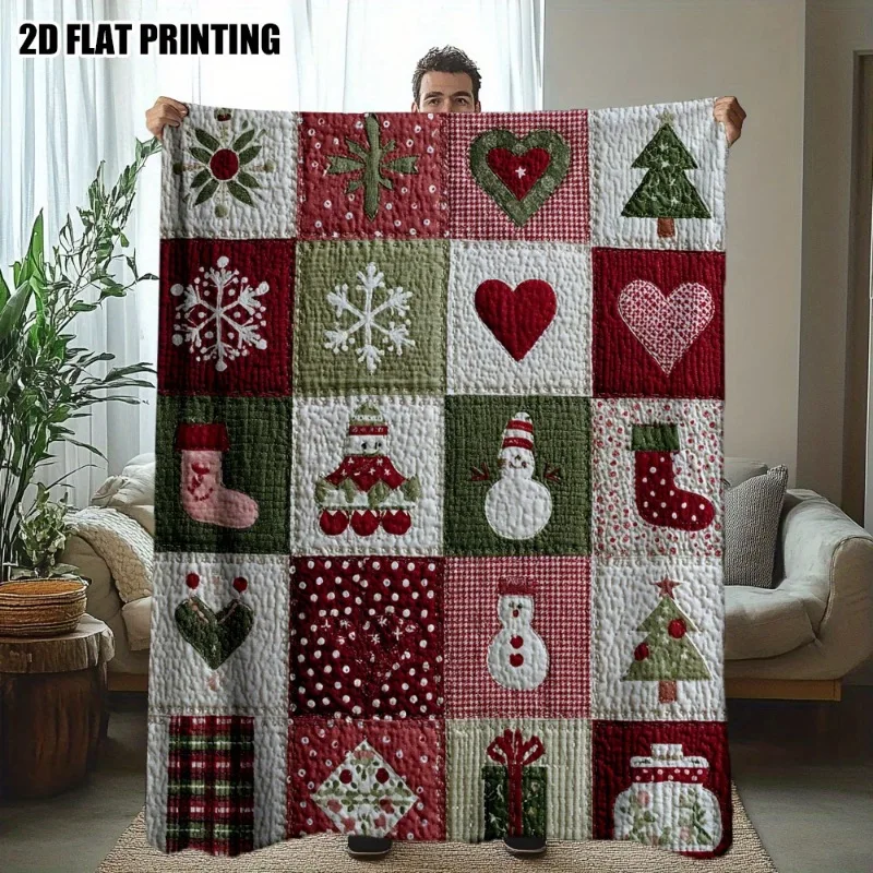 1 Stück festliche Weihnachtsdecke mit quadratischem Aufdruck, Flanell-Überwurfdecke – gemütliches Weihnachtsdesign mit Weihnachtsmützen, Herzen und Schneeflocken