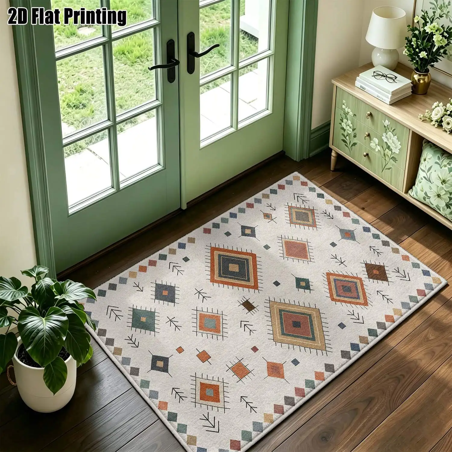 1Pc 2D Printed Colorful Geometric Diamond Pattern Carpets Nordic/Instagram/Modern Minimalist/European/Vintage Style, Home Decor, Multi-Size, Machine Washable. For Entrance, Dining Room, Foyer, Bedroom, Living Room as Floor Mats.