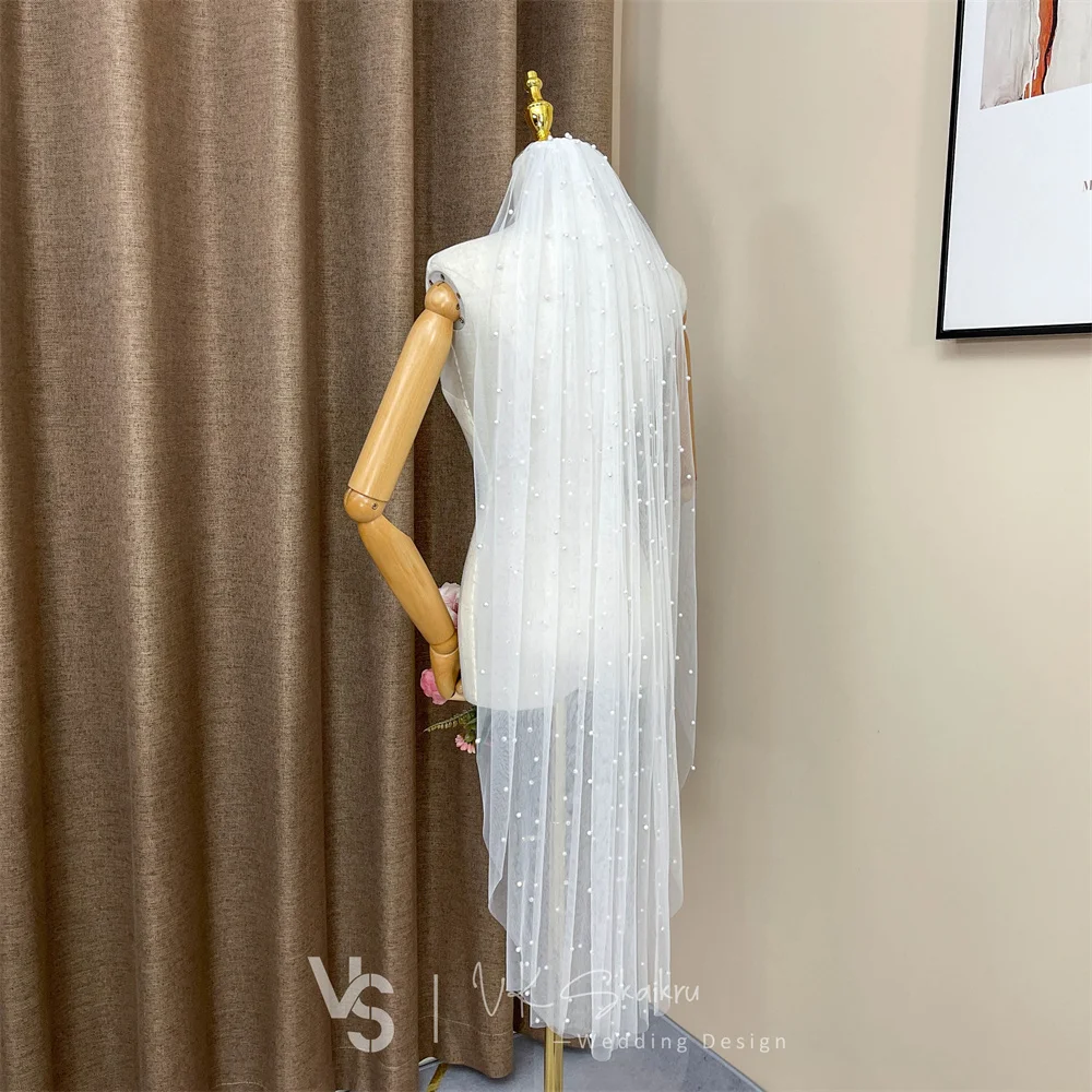 VK SKAIKRU – voile de mariage ivoire de luxe, avec peigne, fausse perle, une couche, longueur du bout des doigts, avec bord découpé, pour la mariée