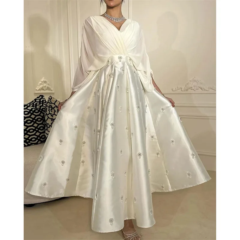 Elegant Saudi Arabia Satin Prom Dress Draped Applique Pleat Evening A-line V-Neck Bespoke Occasion Gown Long Sleeve Dresses NEW