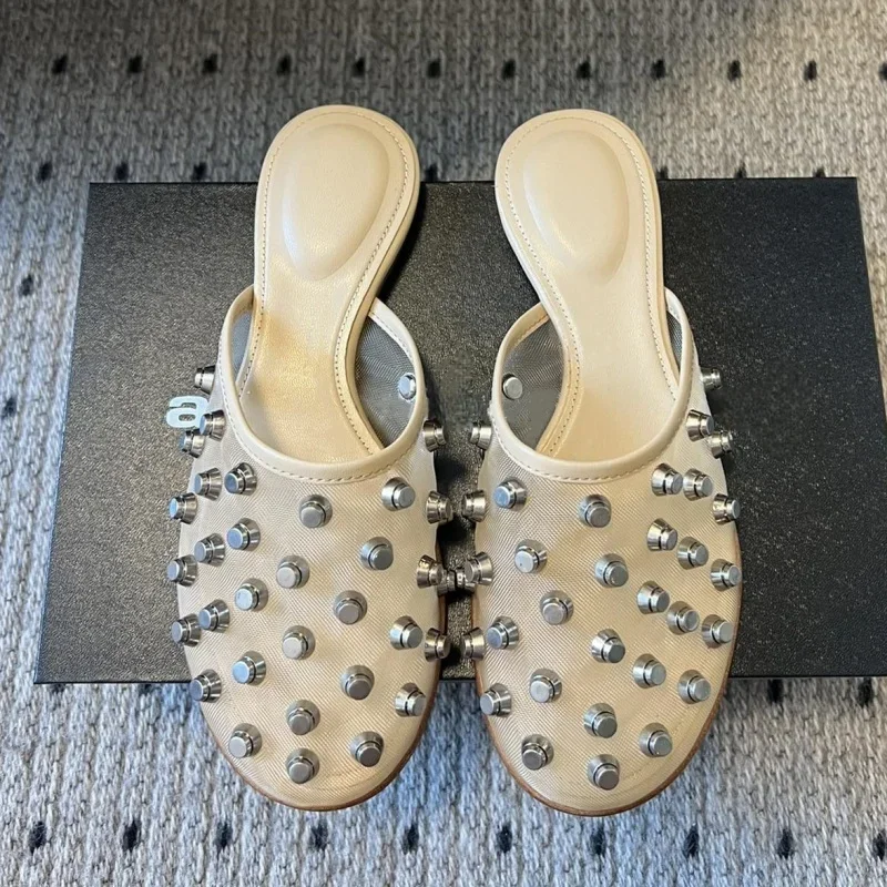 

2025 модные женские повседневные тапочки, элегантные слипоны на плоской подошве с круглым носком, кожаные сетчатые стразы, заклепки с кристаллами, удобная ходьба