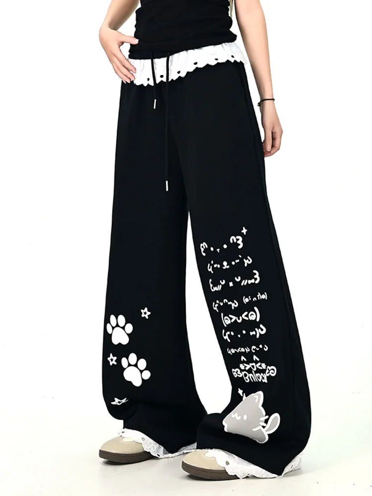 Japon doux Kawaii pantalon femmes dentelle Patchwork taille haute dessin animé jambe large pantalon Vintage mignon Preppy Style automne hiver pantalon nouveau