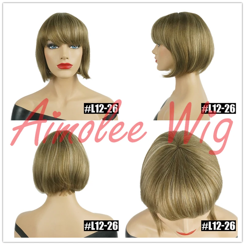 شعر مستعار قصير مستقيم على شكل بوب من إيمولي مع غرة أشقر يسلط الضوء على مزيج الشعر البشري، باروكات صناعية للنساء #5