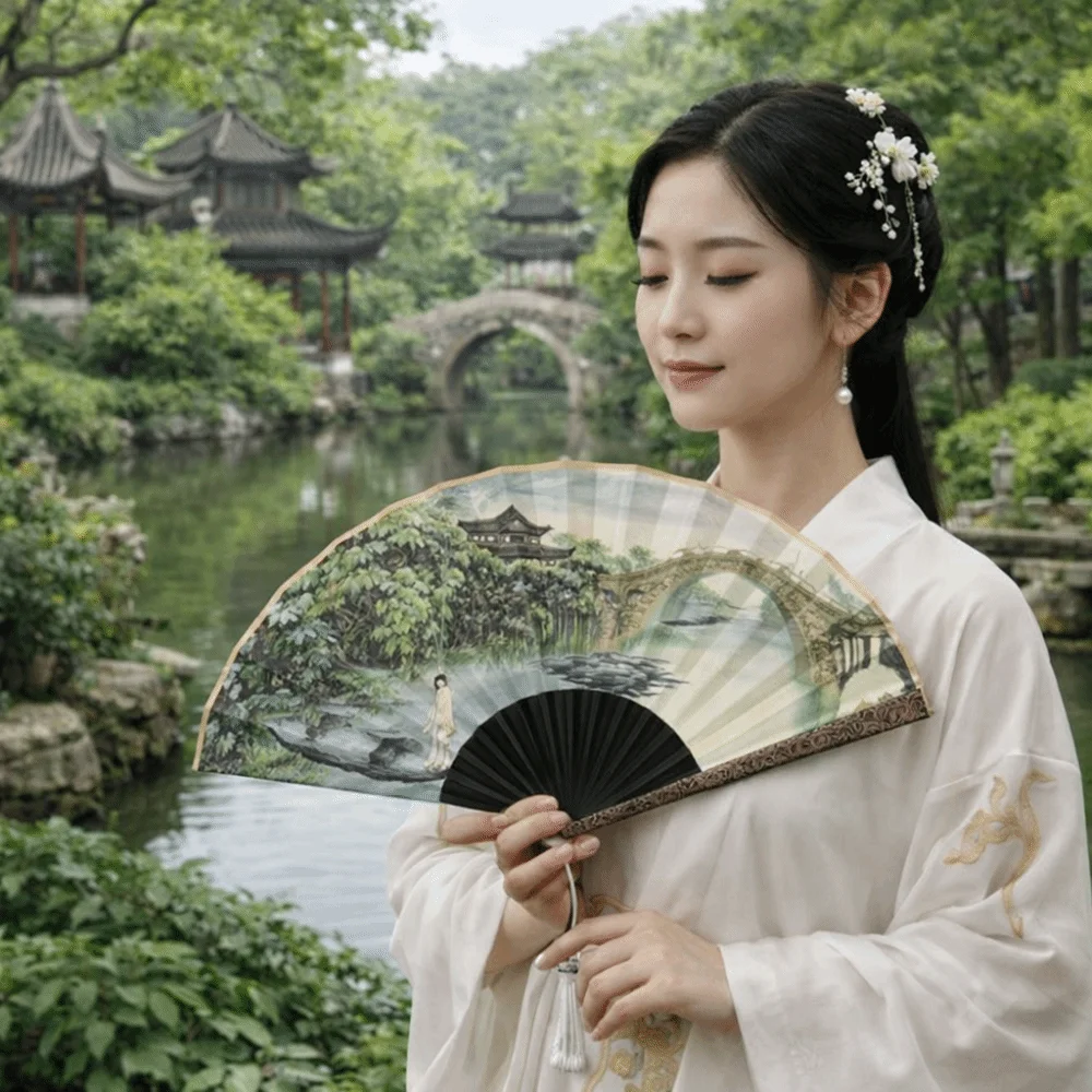 Sprinkled Gold Cloud Pattern Handle Folding Fan Carved 10 in Antique-style Folding Fan Silk Cloth Fan